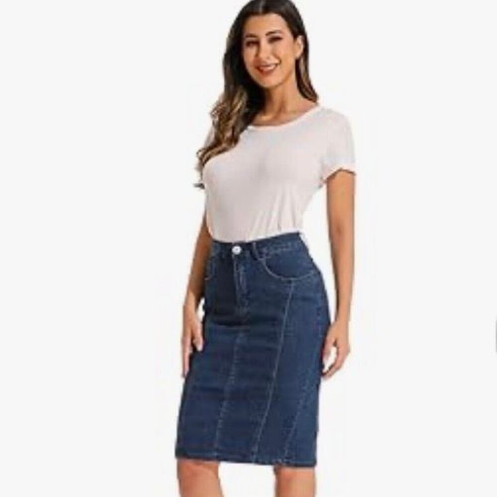 GUANYY High-Waisted Denim Midi Pencil Skirt – XL – Stretch